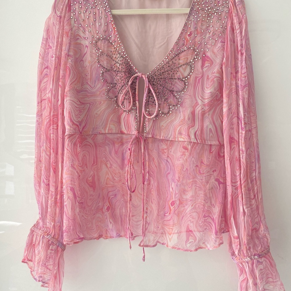 LoveShackFancy Pink Ruffled Tie Front Blouse
